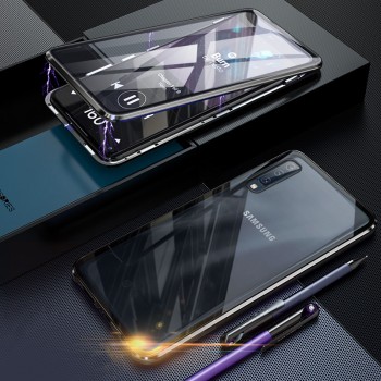 Двухкомпонентный металлический магнитный чехол для  Samsung Galaxy A30s/A50 с защитным стеклом и прозрачной задней накладкой Черный