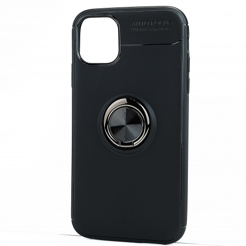 Силиконовый матовый непрозрачный чехол с встроенным кольцом-подставкой для Iphone 11 Pro, цвет Черный