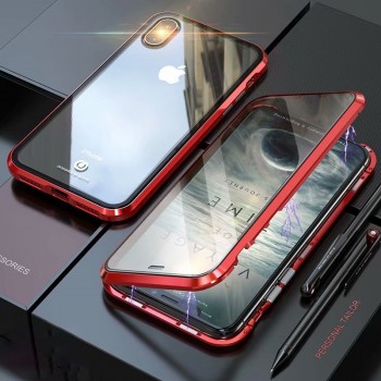 Металлический прямоугольный бампер на магнитах с транспарентными поликарбонатными накладкой и крышкой для Iphone x10/Xs Красный