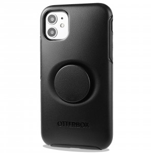 Двухкомпонентный силиконовый матовый непрозрачный чехол с поликарбонатной накладкой и встроенным попсокетом для Iphone 11 Черный