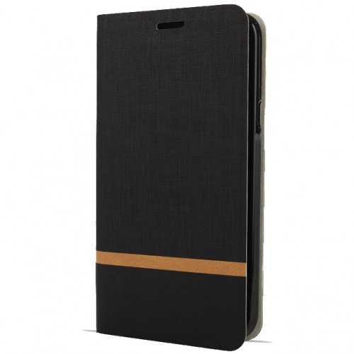 Чехол горизонтальная книжка подставка на силиконовой основе с отсеком для карт и тканевым покрытием для Lenovo K10 Note, цвет Черный