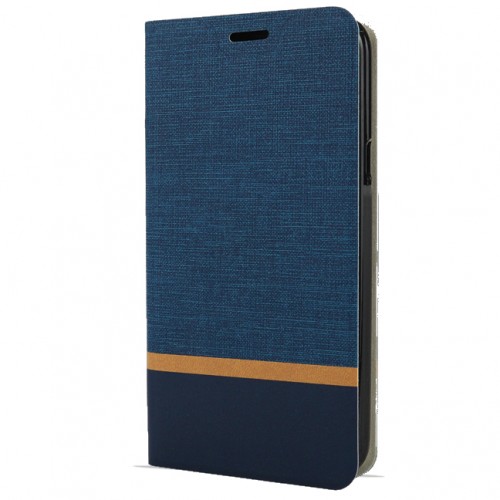 Чехол горизонтальная книжка подставка на силиконовой основе с отсеком для карт и тканевым покрытием для Lenovo K10 Note, цвет Синий