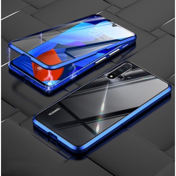 Двухкомпонентный металлический магнитный чехол для  Huawei Honor 30i/Y8p с защитным стеклом и прозрачной задней накладкой Синий