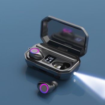 Беспроводные наушники True Wireless Bluetooth 5.0 с магнитным зарядным кейсом 2000мАч с функцией пауэрбанка, фонариком и LED-экраном Черный