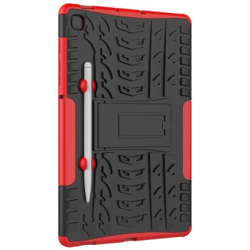 Противоударный двухкомпонентный силиконовый матовый непрозрачный чехол с нескользящими гранями и поликарбонатными вставками для экстрим защиты с встроенной ножкой-подставкой для Samsung Galaxy Tab S6 Lite Красный