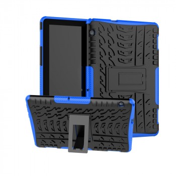 Противоударный двухкомпонентный силиконовый матовый непрозрачный чехол с нескользящими гранями и поликарбонатными вставками для экстрим защиты с встроенной ножкой-подставкой для Huawei MediaPad T5  Синий