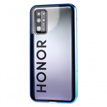 Двухкомпонентный металлический магнитный чехол для  Huawei Honor 30 с защитным стеклом и прозрачной задней накладкой Синий