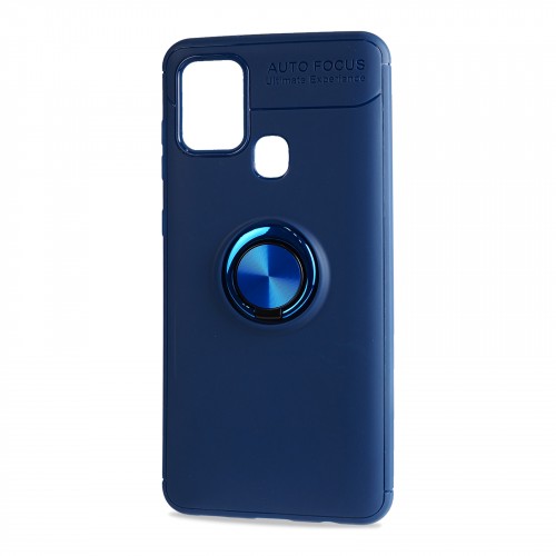 Силиконовый матовый чехол для Samsung Galaxy A21s с встроенным кольцом-подставкой-держателем, цвет Синий