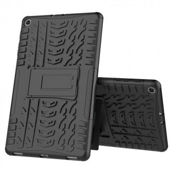 Противоударный двухкомпонентный силиконовый матовый непрозрачный чехол с нескользящими гранями и поликарбонатными вставками для экстрим защиты с встроенной ножкой-подставкой для Samsung Galaxy Tab A7 10.4 (2020) Черный