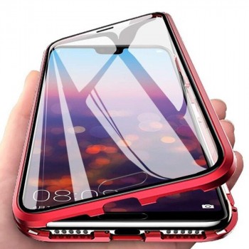 Двухкомпонентный металлический магнитный чехол для  Iphone 12 Pro/ с защитным стеклом и прозрачной задней накладкой Красный