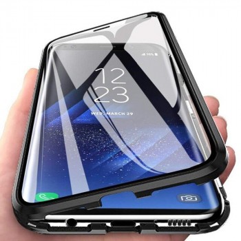 Двухкомпонентный металлический магнитный чехол для  Iphone 12 Pro/ с защитным стеклом и прозрачной задней накладкой Черный
