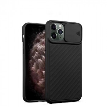 Силиконовый матовый непрозрачный чехол с защитной шторкой для камеры и текстурным покрытием Линии для Iphone 12 Pro Max Черный