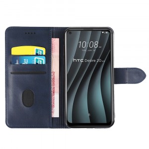Винтажный чехол портмоне подставка на силиконовой основе с отсеком для карт на дизайнерской магнитной защелке для HTC Desire 20 Pro  Синий