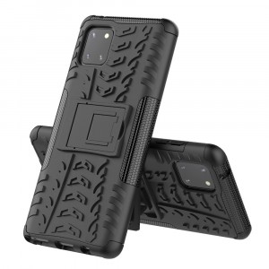 Противоударный двухкомпонентный силиконовый матовый непрозрачный чехол с поликарбонатными вставками экстрим защиты с встроенной ножкой-подставкой и текстурным покрытием Шина для Samsung Galaxy M51  Черный