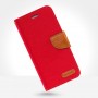 Чехол портмоне подставка текстура Джинса на силиконовой основе с отсеком для карт на магнитной защелке для Samsung Galaxy A02, цвет Красный