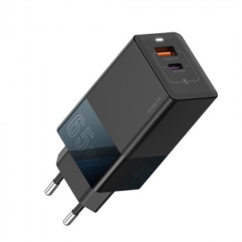 Сетевое зарядное устройство GaN USB с 2-я разъемами (USB 22Вт, Type-C 65Вт) и поддержкой быстрых зарядок QC4.0 и PD и световым LED индикатором Черный
