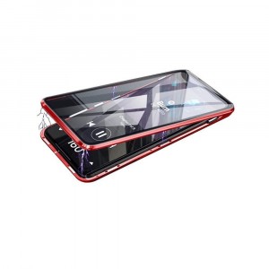Двухкомпонентный металлический магнитный чехол для  OnePlus 9 с защитным стеклом и прозрачной задней накладкой Красный