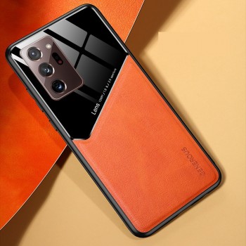 Силиконовый матовый непрозрачный чехол с текстурным покрытием Кожа и поликарбонатной накладкой для Samsung Galaxy A52 Оранжевый
