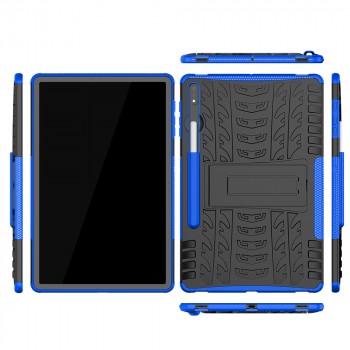 Противоударный двухкомпонентный силиконовый матовый непрозрачный чехол с поликарбонатными вставками экстрим защиты с встроенной ножкой-подставкой и текстурным покрытием Шина для Samsung Galaxy Tab S7 FE  Синий