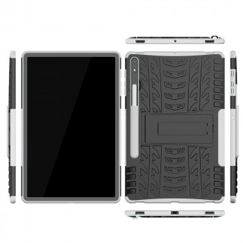 Противоударный двухкомпонентный силиконовый матовый непрозрачный чехол с поликарбонатными вставками экстрим защиты с встроенной ножкой-подставкой и текстурным покрытием Шина для Samsung Galaxy Tab S7 FE  Белый