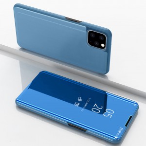 Пластиковый зеркальный чехол книжка для Iphone 13 Pro Max с полупрозрачной крышкой для уведомлений Синий